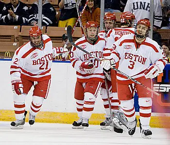 Boston University celebrates after Jason Lawrence's second goal of the game (photos: Melissa Wade).