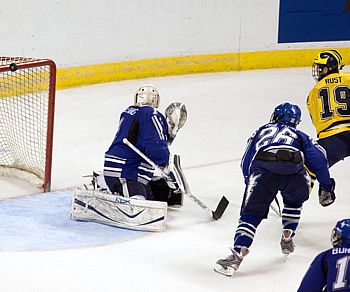 Matt Rust's shot hits the crossbar for Michigan (photo: Melissa Wade).