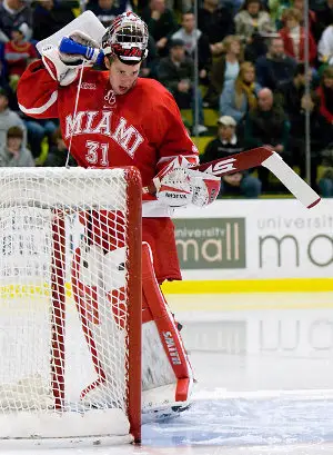 Connor Knapp sports an 8-3-1 record and a 2.03 goals against average for Miami (photo: Melissa Wade).