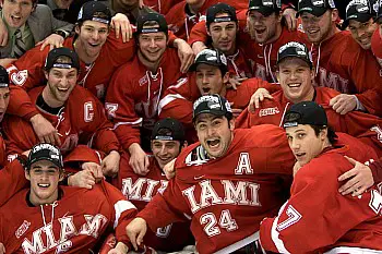 It's not hard to tell how the Miami RedHawks feel about reaching their first Frozen Four (photo: Jim Rosvold).