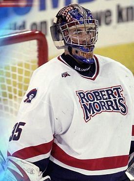 RMU netminder Brooks Ostergard stood tall for the Colonials last weekend (photo: Robert Morris athletics).