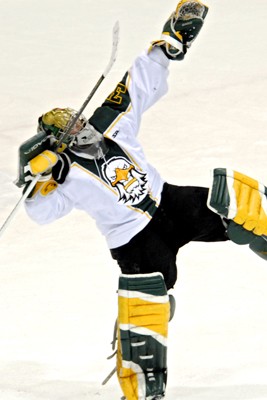 Todd Sheridan celebrates Brockport's first playoff win in school history (photo: Angelo Lisuzzo).