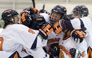 Syracuse celebrates its first-ever CHA victory, courtesy of Gabrielle Beaudry's game winning goal.