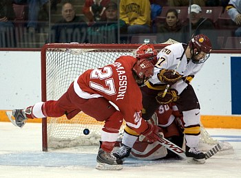 Minnesota Duluth had this would-be goal disallowed for a skate in the crease (photo: Jim Rosvold).