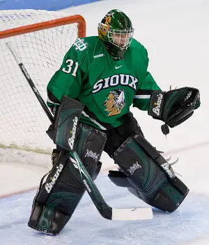 Brad Eidsness backstopped North Dakota to a WCHA Final Five title last weekend (photo: Melissa Wade).