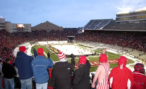 Wisconsin students direct the sieve cheer at Michigan goaltender Bryan Hogan after the Badgers' first goal Saturday night (photo: Todd D. Milewski).