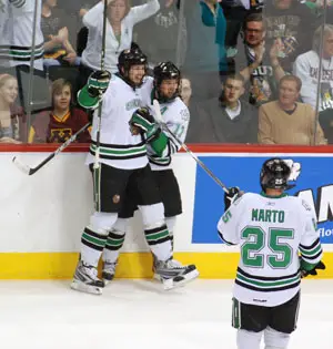 North Dakota celebrates Jason Gregoire's shorthanded goal in the third period Thursday (photo: Tim Brule).