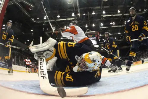 RIT's Andrew Favot (not in picture) scores a power-play goal against Canisius goaltender Dan Morrison in the second period Friday as RIT's Tyler Brenner reacts (photo: Nick Serrata).