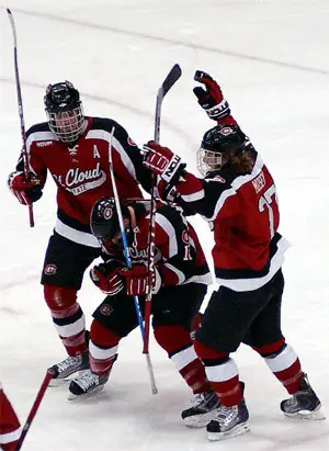 St. Cloud State celebrates Travis Novak's empty-net goal (photo: Jason Waldowski).