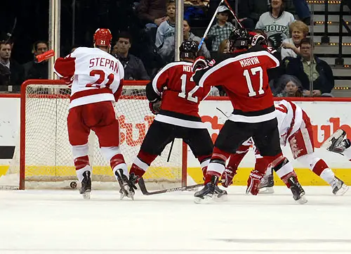 Travis Novak knocks in the puck for an empty-net goal in the last minute (photo: Tim Brule).