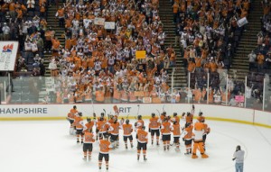 RIT players salute their fans after a 6-2 victory over New Hampshire clinched a spot in the Frozen Four (photo: Mike Bradley).
