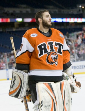 RIT goaltender Jared DeMichiel stopped 27 of the 33 shots he faced (photo: Melissa Wade).