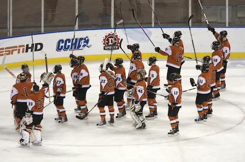 RIT salutes its fans after a Frozen Four semifinal loss (photo: Jim Rosvold).