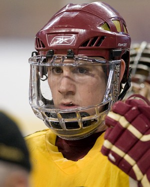 Boston College's Jimmy Hayes listens to coach Jerry York at Friday's practice (photo: Melissa Wade).