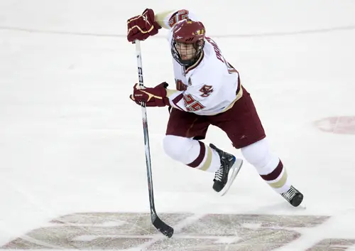 Boston College senior captain Matt Price skates by his number on the ice during his final regular season game.