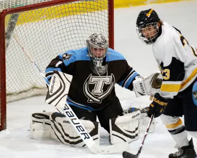 Tufts netminder Scott Barchard stonewalled Neumann with 48 saves, helping the Jumbos win the Rutland Herald Tournament (photo: Kurt Barker).