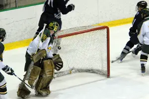 Brockport's Todd Sheridan watches helplessly as Geneseo scores their first goal (photo: Angelo Lisuzzo). 