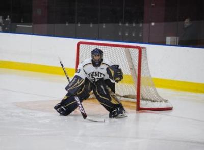 Goalie Wes Vesprini will be challenged by Middlebury's high powered offense in the semifinals of the NESCAC tournament (photo: Tim Costello).