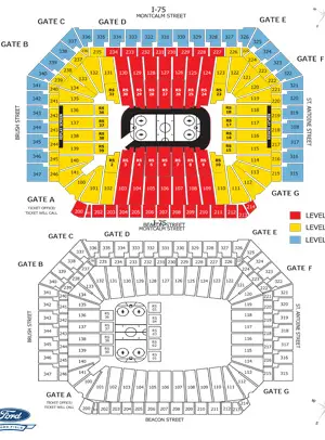 The top image shows the original layout for the 2010 Frozen Four at Ford Field. The bottom image shows the reconfigured layout with the rink at one end of the stadium.