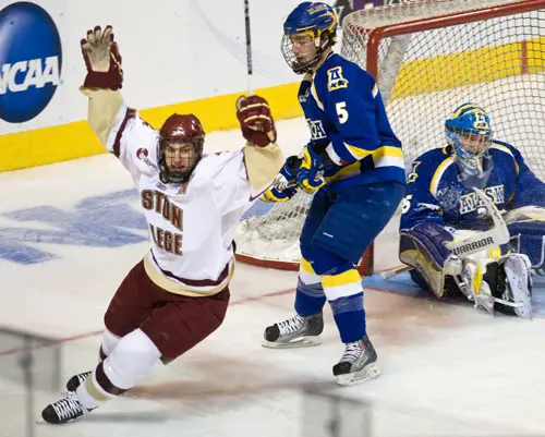 Boston College's Matt Lombardi celebrates his shorthanded goal (photo: Melissa Wade).