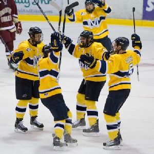 Merrimack celebrates a goal in its 5-3 victory over Boston College on Nov. 1 (photo: Melissa Wade).