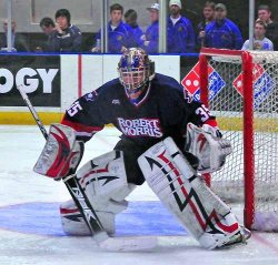 Brooks Ostergard became Robert Morris' go-to goaltender last season (photo: Robert Morris Athletics).