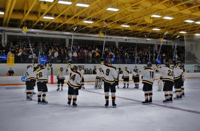 Gustavus Adolphus salutes their fans after advancing to the NCAA quarterfinals (photo: Scott Bridges.)