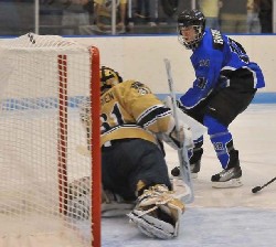 Alabama-Huntsville's Neil Ruffini scores against Notre Dame (photo: Doug Eagan).