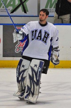 Cameron Talbot made 26 saves in Alabama-Huntsville's win at Niagara last Friday (photo: Doug Eagan).