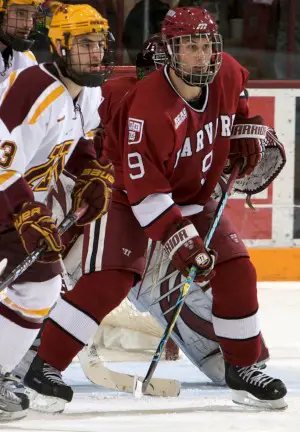 Harvard's Danny Biega (right) is 46th among North American skaters in the NHL Central Scouting rankings (photo: Jim Rosvold).