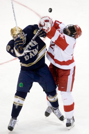 Notre Dame's Riley Sheahan (left) had six goals and 11 assists in his rookie season (photo: Melissa Wade).