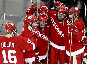 Wisconsin celebrates Jake Gardiner's goal during the first period. No. 16 UNO beat No. 7 Wisconsin 4-3 Saturday night at Qwest Center Omaha. (Photo by Michelle Bishop) (Michelle Bishop)