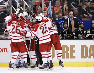 Miami players celebrate a goal in the third period during the CCHA Championship game at Joe Louis Arena in Detroit, Michigan on Saturday, March 19, 2011. (Rena Laverty)