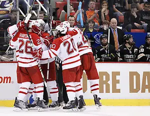 CCHA Championship #12 Western Michigan vs #6Miami Miami players celebrate a goal in the third period during the CCHA Championship game at Joe Louis Arena in Detroit, Michigan on Saturday, March 19, 2011. (Rena Laverty)