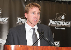 Nate Leaman speaks to the media at a news conference announcing his hiring at Providence. (Providence Athletics)