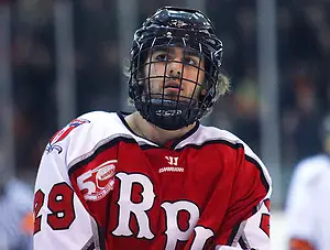 Nick Bailen (RPI - 29) looks on during a stop in play. The Rennselaer Engineers visited Princeton's Hobey Baker Rink, defeating the Princeton Tigers 5-2. (Shelley M. Szwast)