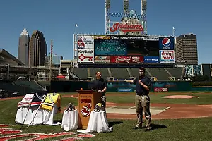 The Cleveland Indians announce the game at Progressive Field between Michigan and Ohio State. (Tim Brule)