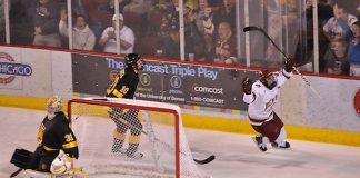 Jason Zucker celebrates his goal against CC (Candace Horgan)