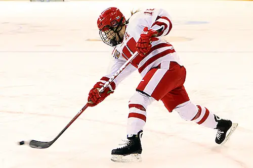 Photo By: 2012 Dave Harwig Wisconsin's Brianna Decker fires the puck vs Boston College in the NCAA Semifinal in Duluth. (2012 Dave Harwig)