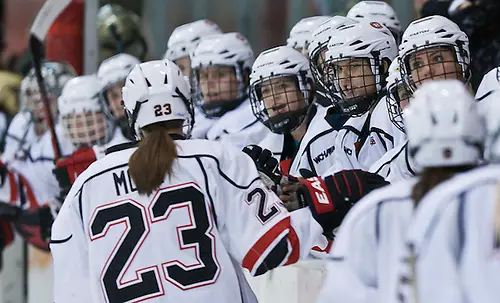 10 Nov.12 Molli Mott(St.Cloud State University-23) and team  celebrate a goal .St.Cloud State University Huskies hosts Lindenwood University Lions in a non conference match-up at the National Hockey & Event Center in St. Cloud, MN (BRADLEY K. OLSON)