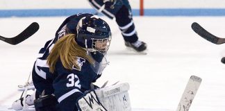 Jackie Snikeris (Yale - 32)dives to make a save. Snikeris made 26 saves to help the Bulldogs defeat Princeton 2-1. (Shelley M. Szwast)