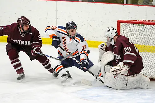 2012 DIII Potsdam vs Hobart - #23 Frank Salituro did not score here on #29 Kevin McFarland; Copyright 2012 Angelo Lisuzzo (Angelo Lisuzzo)