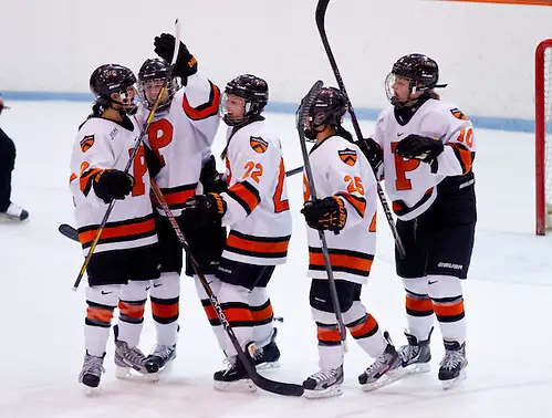 Brianna Leahy (Princeton - 15), Gabie Figueroa (Princeton - 21), Sally Butler (Princeton - 10), and Rose Alleva (Princeton - 25) congratulate Olivia Mucha (Princeton - 22) on her second goal of the game. (Shelley M. Szwast)