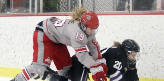 FEB 23 2013: Danielle Gagne (OSU - 19), Emilia Andersson (MSU - 20) Ohio State beats Minnesota State 4-3 in a shootout at the OSU Ice Rink in Columbus, OH. (USCHO - Rachel Lewis) (©Rachel Lewis)