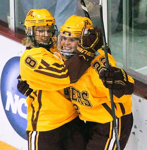 Hannah Brandt (22) and Amanda Kessel celebrate Brandt's goal in the 1st period to put the Golden Gophers up 2-0 in the 2013 NCAA Women's Frozen Four Championship game at Ridder Arena in Minneapolis on March 24, 2013.. (Ryan Coleman/Ryan Coleman, USCHO.com)