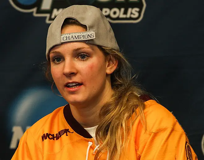 University of Minnesota forward Amanda Kessel during the post game news conference after defeating University of Boston 6-3 in the 2013 NCAA Women's Frozen Four Championship game at Ridder Arena in Minneapolis on March 24, 2013.. (Ryan Coleman/Ryan Coleman, USCHO.com)