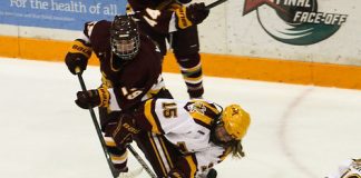 Rachael Bona (15) and Aleksandra Vafina (29) on February 1, 2013 at Ridder Arena. ...Unauthorized reproduction of d3photography.com photos is strictly forbidden (resale, reproduction);.use in advertising (for profit or at a loss) is a violation of the Student-Athlete