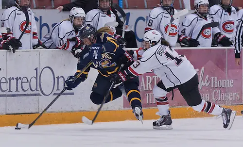 05 OCT. 13 Shelb Wignall (Quinnipiac-4) Sydn Burghardt ( St.Cloud State-13) St.Cloud State University hosts Quinnipiac University in a non-conference match-up at the Herb Brooks National Hockey Center in St.Cloud, MN. (BRADLEY K. OLSON)