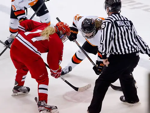 Alexa Gruschow (Rensselaer - 11) and Brianna Leahy (Princeton - 15) face off. (Shelley M. Szwast)