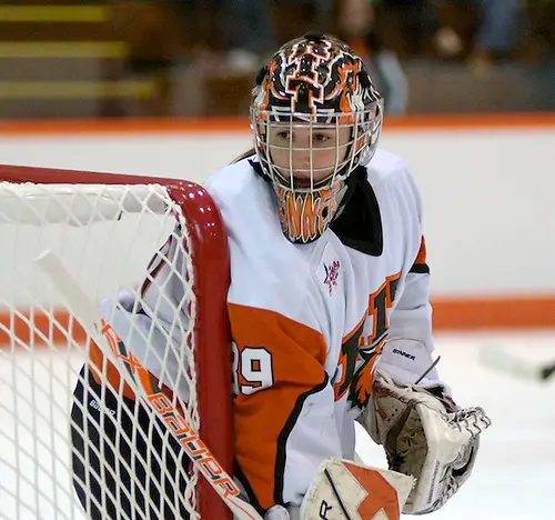 RIT goaltender Ali Binnington finished with 22 saves in a 2-2 tie against Syracuse (Omar Phillips)